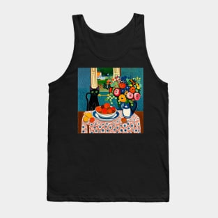 Black Cat with Flowers in a White Vase Still Life Painting Tank Top